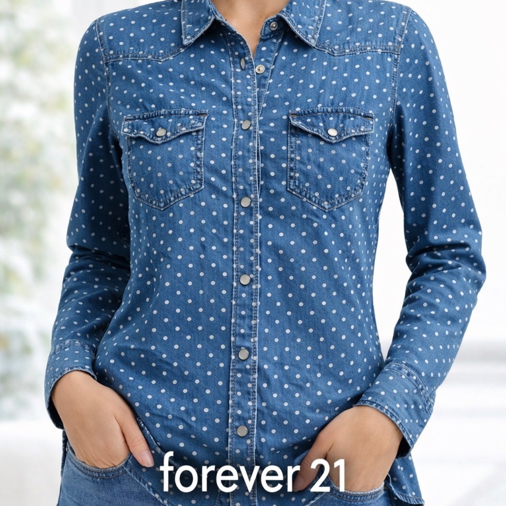 Forever 21 Blue Polka Dot Button Down Shirt
